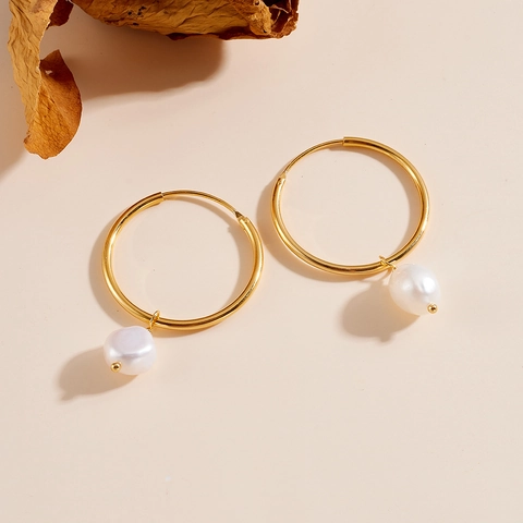 925 Sterling Silver Freshwater Pearl Hoop Earrings For Women Elegant Baroque White Pearl Gold Plated Round Drop Earrings