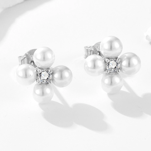 Pendientes de Botón de Perlas de Flores de Plata de Ley 925 para Mujer Pendientes de Perlas Artificiales y Strass