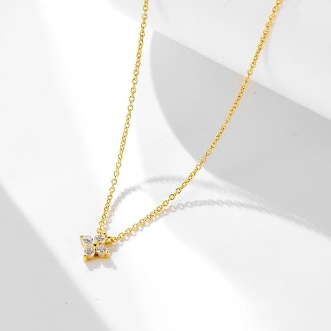Collar con Colgante de Trébol de Flores de Plata de Ley 925 Chapado en Oro de 14K para Mujer Cadena Minimalista con Strass Incrustados Joyería Diaria
