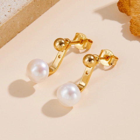 Boucles d'Oreilles Clous Perle d'Eau Douce en Argent Sterling 925 Vintage Plqué Or Bijoux pour Femmes Cadeau Élégant