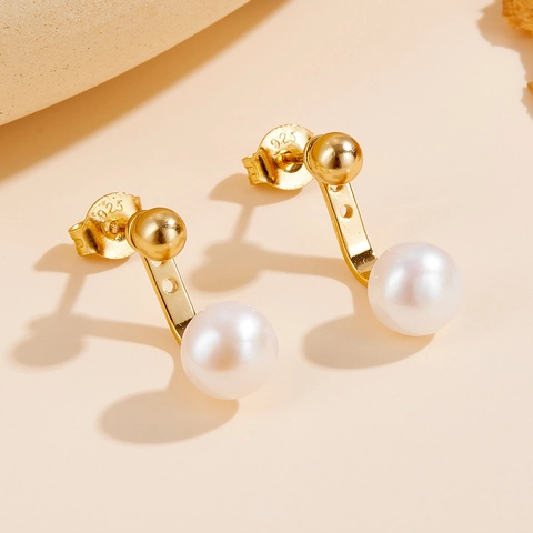 Boucles d'Oreilles Clous Perle d'Eau Douce en Argent Sterling 925 Vintage Plqué Or Bijoux pour Femmes Cadeau Élégant