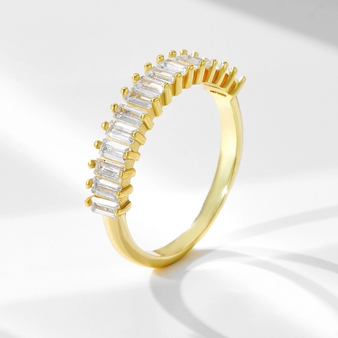 925 Sterling Silver Rectangular Rhinestone Ring For Women Gold Plated Geometric Inlaid Stone Eternity Band Fashion Jewelry