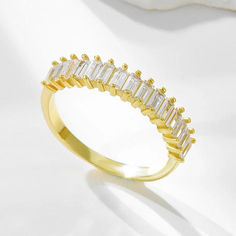 925 Sterling Silver Rectangular Rhinestone Ring For Women Gold Plated Geometric Inlaid Stone Eternity Band Fashion Jewelry