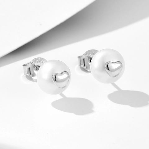Pendientes de Botón de Plata de Ley 925 Con Perla Natural de Corazón Pendientes de Corazón Incrustados de Perla para Mujer
