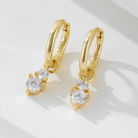 Orecchini a Cerchio in Argento Sterling 925 con Zirconia per Donna Orecchini Pendenti Geometrici Minimalisti Doppia Pietra Rotonda