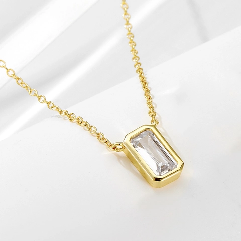925 Sterling Silver Geometric Rectangle Zirconia Pendant Necklace For Women Minimalist Emerald Cut Choker Jewelry Gift