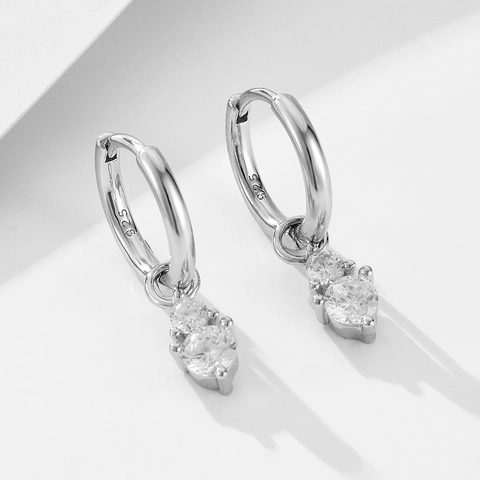 Orecchini a Cerchio in Argento Sterling 925 con Zirconia per Donna Orecchini Pendenti Geometrici Minimalisti Doppia Pietra Rotonda