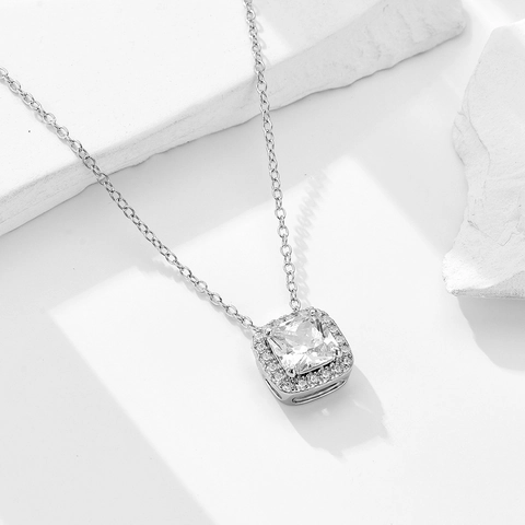 S925 Sterling Zilver Geometrische Vierkante Zirconia Hanger Halsketting Voor Vrouwen Minimalistisch Goud Zilver Halo Stijl Sieraden