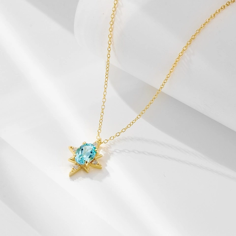 Collana in Argento Sterling 925 Con Ciondolo a Ottagramma in Topazio Blu Collana a Catena Con Stella in Strass per Donna Gioielli