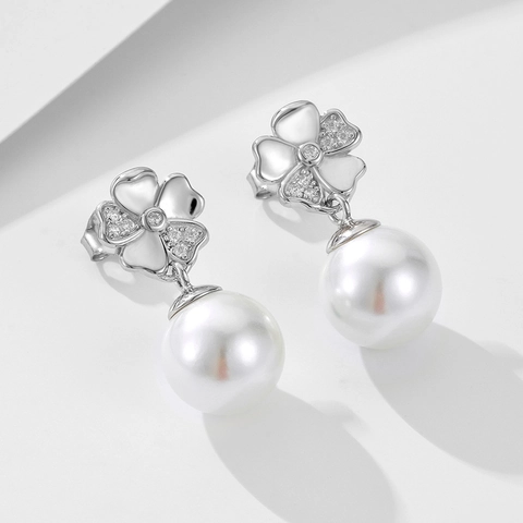 Eleganti Orecchini a Bottone a Forma di Trifoglio in Argento Sterling S925 per Donna con Perle Artificiali e Strass
