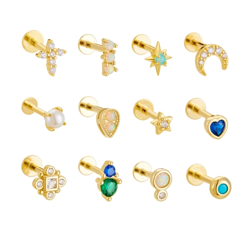 925 Sterling Silver Geometric Labret Stud Earrings For Women With Artificial Opal Rhinestone Inlaid Piercing Jewelry