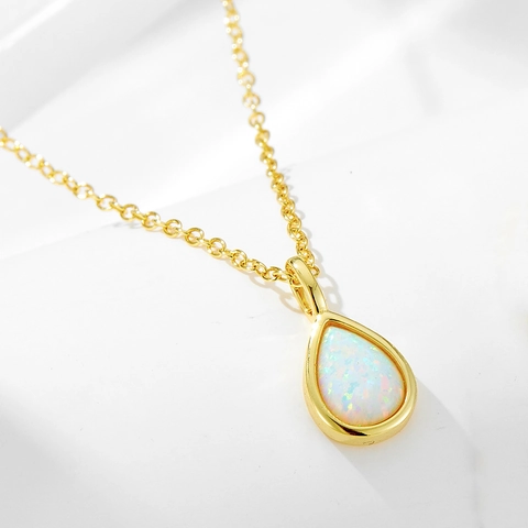 925 Sterling Silver Waterdrop Pendant Necklace Women Dainty Pear Shaped Artificial Opal Inlaid Minimalist Jewelry Link Chain