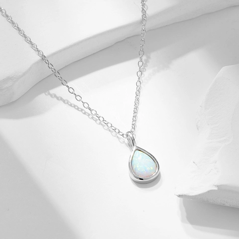 925 Sterling Silver Waterdrop Pendant Necklace Women Dainty Pear Shaped Artificial Opal Inlaid Minimalist Jewelry Link Chain