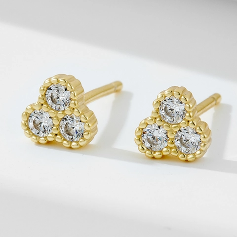 Pendientes de Botón Mini Tres Piedras de Plata de Ley 925 Oro Plata Incrustado Diamante de Imitación Joyería de Moda Geométrica para Mujer