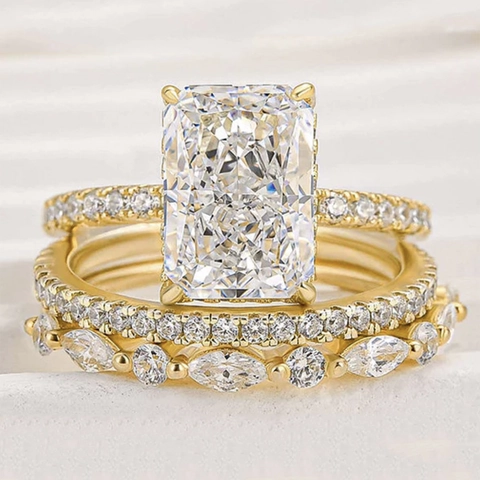 S925 Sterling Silver Ice Flower Cut Zirconia Ring Set For Women Radiant Cut Bridal Wedding Band Set High Quality Fashion Jewelry