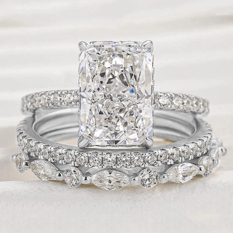 S925 Sterling Silver Ice Flower Cut Zirconia Ring Set For Women Radiant Cut Bridal Wedding Band Set High Quality Fashion Jewelry