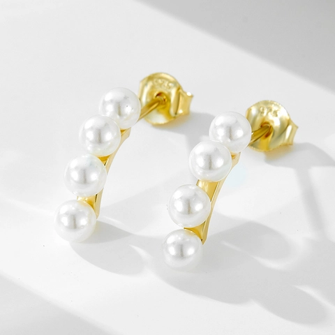 S925 Sterling Silver Artificial Pearl Stud Earrings For Women Minimalist Gold Plated Vertical Row Pearl Earrings Jewelry Gift