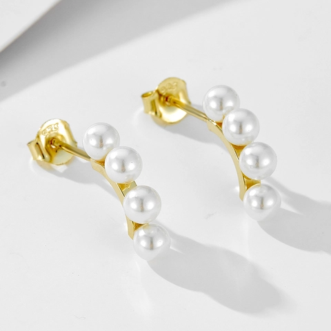 S925 Sterling Silver Artificial Pearl Stud Earrings For Women Minimalist Gold Plated Vertical Row Pearl Earrings Jewelry Gift