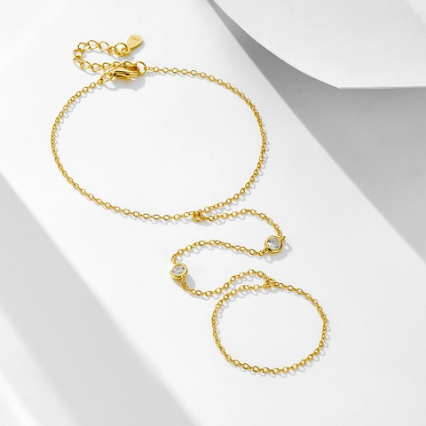 Minimalist 925 Sterling Silver Gold Plated Round Rhinestone Hand Chain Slave Bracelet For Women Adjustable Jewelry Finger Ring