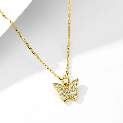 925 Sterling Silver Butterfly Pendant Necklace For Women Gold Plated Rhinestone Inlaid Minimalist Clavicle Chain Jewelry Gift