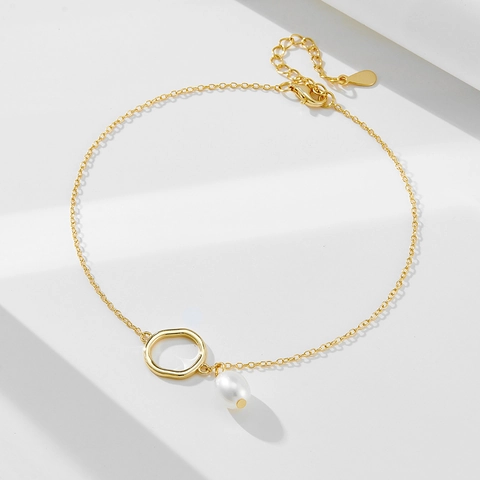 Bracelet de Cheville en Argent Sterling 925 Plaqué Or pour Femme Pendentif Cercle Irrégulier Géométrique Chaîne de Pied Avec Perle Artificielle
