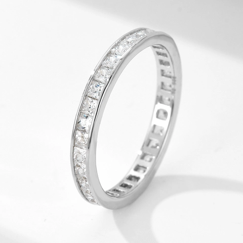 925 Sterling Silver Full Eternity Ring Princess Cut Rhinestone Wedding Band Geometric Square Pave Inlaid Ring Jewelry For Women