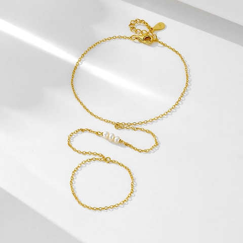Elegante Bracciale Slave in Argento Sterling 925 con Perle d'Acqua Dolce Bracciale a Catena con Anello Placcato Oro Donna