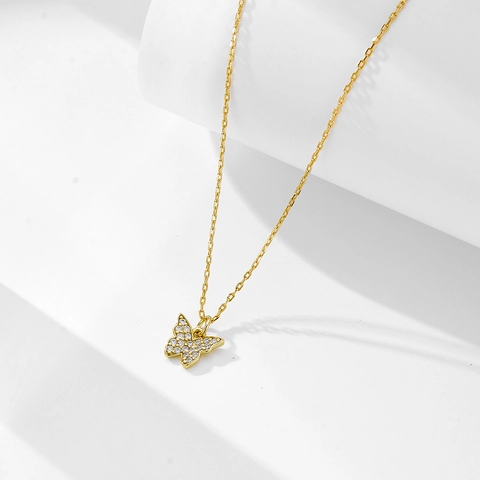 925 Sterling Silver Butterfly Pendant Necklace For Women Gold Plated Rhinestone Inlaid Minimalist Clavicle Chain Jewelry Gift