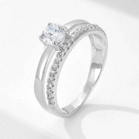 Elegante Anillo de Plata de Ley 925 para Mujer con Estrás Redondo Diseño de Doble Capa Joyería de Compromiso y Boda Regalo