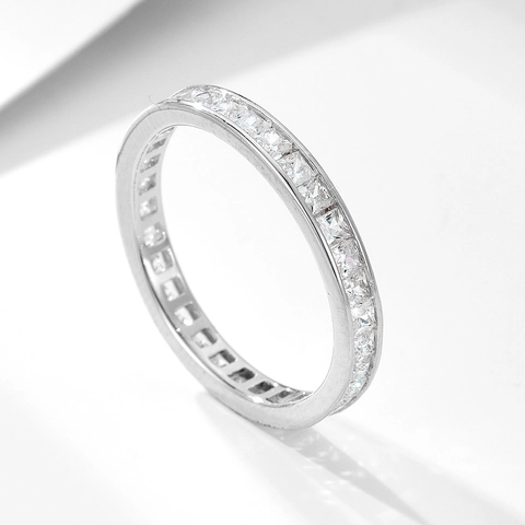 925 Sterling Silver Full Eternity Ring Princess Cut Rhinestone Wedding Band Geometric Square Pave Inlaid Ring Jewelry For Women