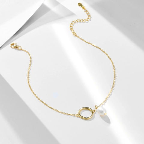 Bracelet de Cheville en Argent Sterling 925 Plaqué Or pour Femme Pendentif Cercle Irrégulier Géométrique Chaîne de Pied Avec Perle Artificielle