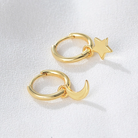 Pendientes de Aro Asimétricos de Plata de Ley 925 con Estrella y Luna para Mujer Pendientes Colgantes Bañados en Oro Joyería