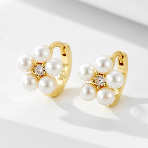 Orecchini a Cerchio in Argento Sterling 925 Fiore Perla Strass Intarsiato Oro Argento Galvanizzato Eleganti Gioielli Donna