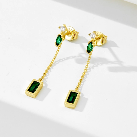 S925 Sterling Silver Earring Post Green Zirconia Tassel Drop Earrings For Women Geometric Long Chain Emerald Style Jewelry