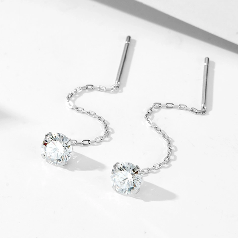 Pendientes de Hilo de Plata de Ley 925 con Circonia Redonda para Mujer Lujo Ligero Cadena Borla Joyería de Oreja