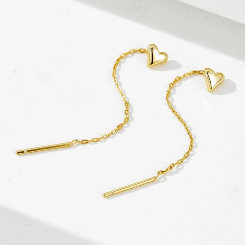Σκουλαρίκια Ear Threader Καρδιά από Ασήμι 925 Επιχρυσωμένα 14K Μακριά Αλυσίδα Φούντα για Γυναίκες Μόδα Κοσμήματα