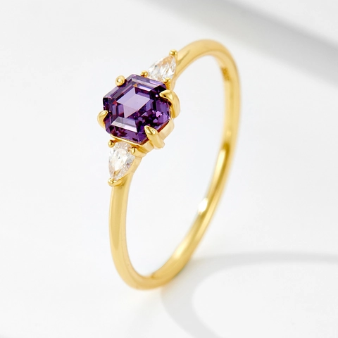 Eleganter Hexagonal Lila Strass 925 Sterlingsilber Ring Für Damen Geometrischer Luxus Vergoldet Finger Schmuck
