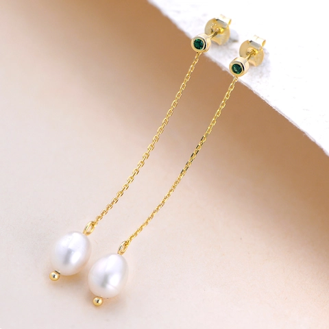 Pendientes de Botón con Borla Larga de Plata de Ley 925 Perla Natural para Mujer Pendientes Colgantes de Strass Verde