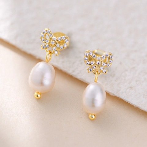 Orecchini a Bottone in Argento Sterling 925 con Fiocco e Perla Artificiale per Donna Intarsiati con Strass Eleganti Gioielli