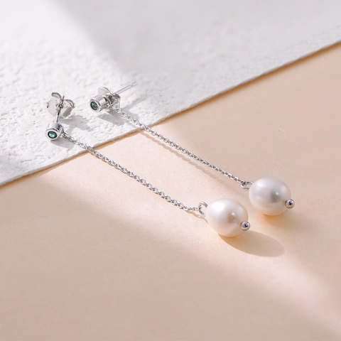 Pendientes de Botón con Borla Larga de Plata de Ley 925 Perla Natural para Mujer Pendientes Colgantes de Strass Verde