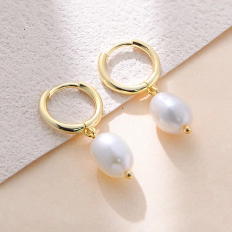 Pendientes de Gota de Plata de Ley 925 con Perla Natural Mujer Elegante Geométrico Ovalado Chapado en Oro Plata Minimalista Joyería