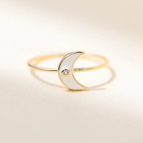 925 Sterling Silver Crescent Moon Ring For Women Enamel Drip Glue White Orange Rhinestone Inlaid Minimalist Fashion Jewelry Finger Ring