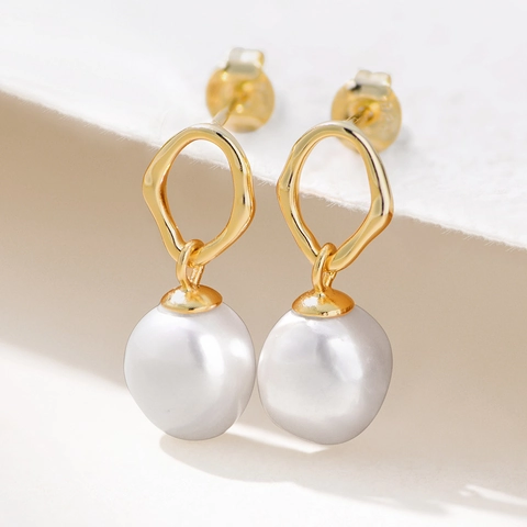 Pendientes de Botón de Plata de Ley 925 Con Perla Natural Barroca Geométricos Irregulares Huecos Joyas Mujer Oro Plata