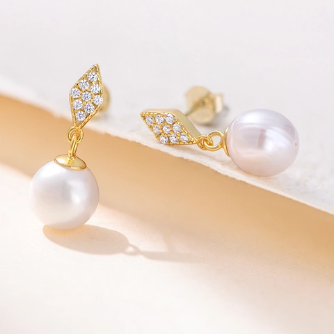 Orecchini a Bottone in Argento Sterling con Perle d'Acqua Dolce e Rombo Geometrico Eleganti Orecchini con Strass per Donna