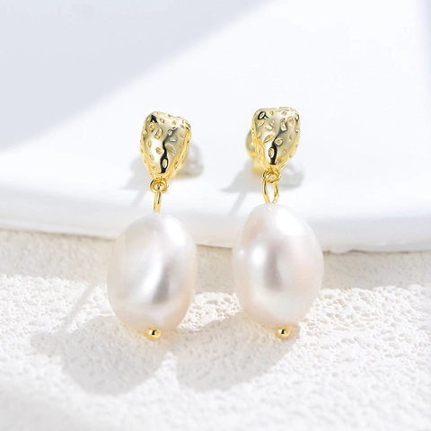 Pendientes de Gota de Plata de Ley 925 Vintage con Perla Artificial Barroca Elegante Textura Martillada para Mujer