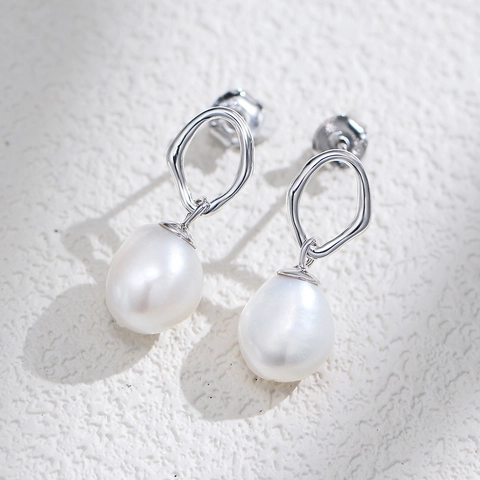 Pendientes de Botón de Plata de Ley 925 Con Perla Natural Barroca Geométricos Irregulares Huecos Joyas Mujer Oro Plata