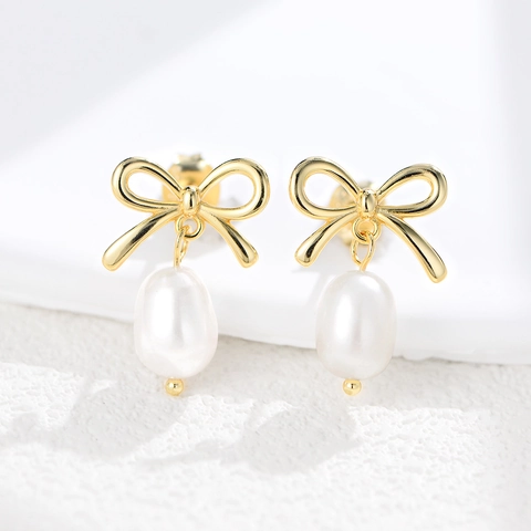 925 Sterling Silver Bowknot Freshwater Pearl Stud Earrings Gold Silver Plated Bow Tie Earrings For Women Jewelry Gift