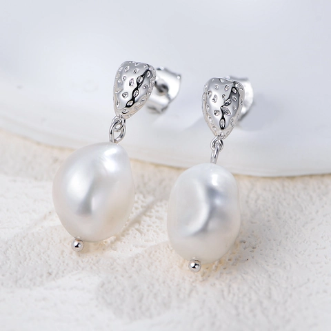 Pendientes de Gota de Plata de Ley 925 Vintage con Perla Artificial Barroca Elegante Textura Martillada para Mujer