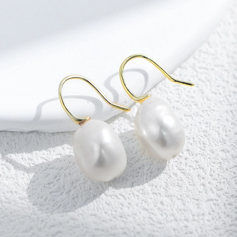 Pendientes de Gancho con Perla Barroca Natural de Plata de Ley 925 para Mujer Joyería Elegante de Perlas Geométricas Irregulares