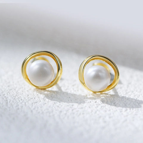 925 Sterling Silver Round Natural Pearl Stud Earrings For Women French Minimalist Geometric Gold Silver Plated Jewelry Gift